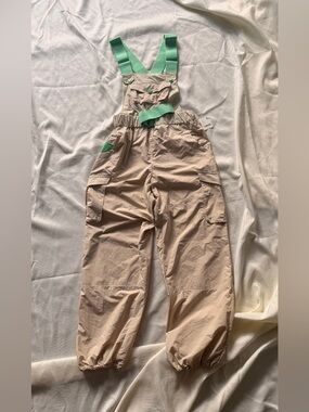 FP Movement by Free People Beige Cargo Jumpsuit with Mint Green Straps